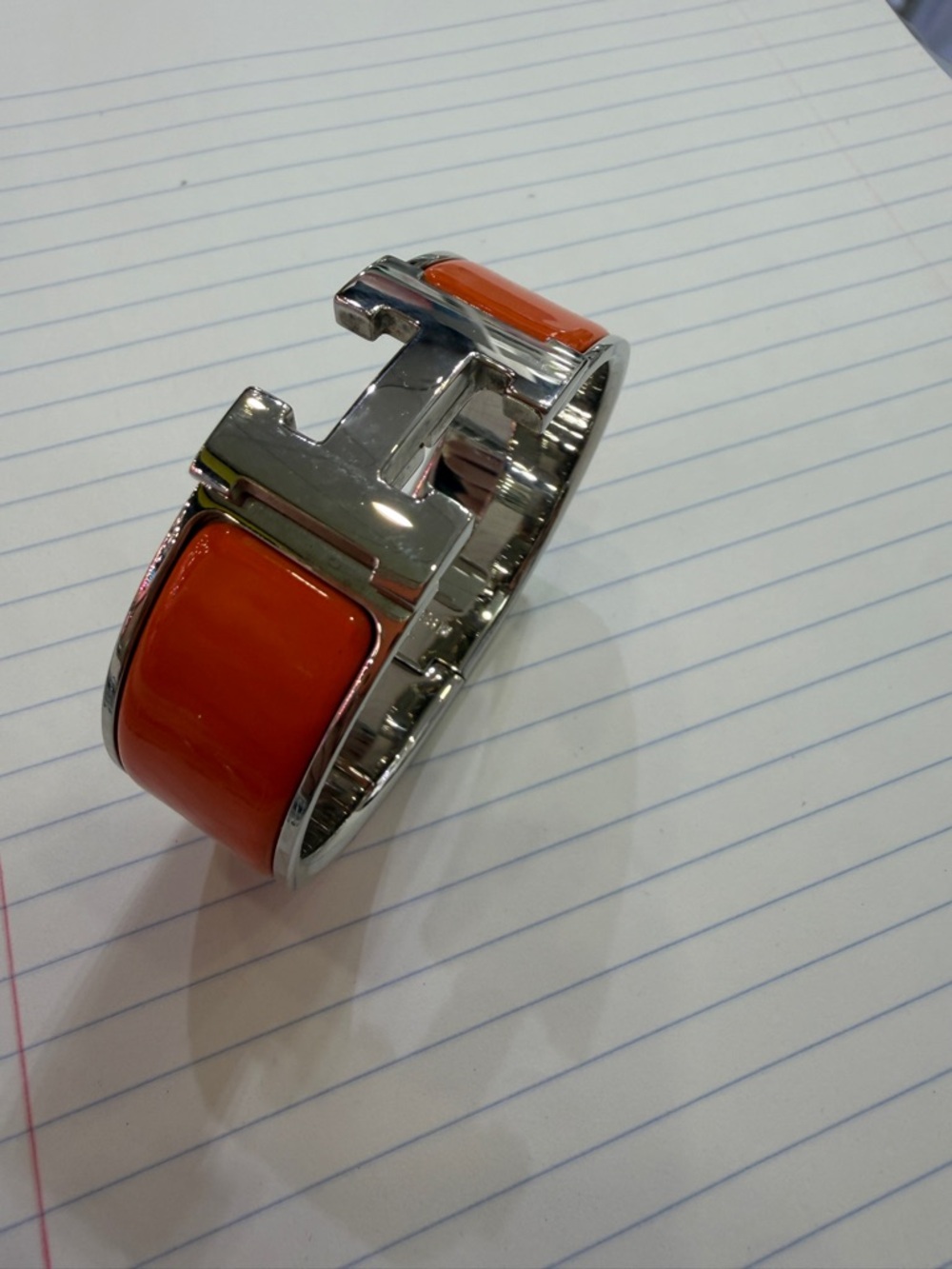 Hermes Orange Enamel and Silver H Cuff Bracelet